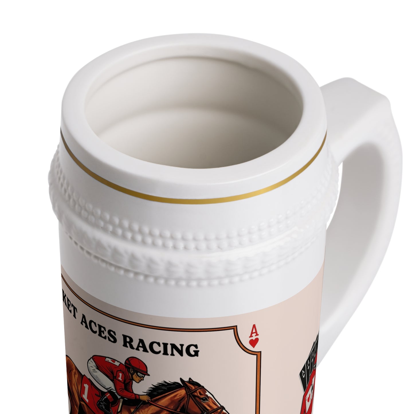 Ceramic Beer Stein — Vintage Poster Card + Black Cards Behind Silks