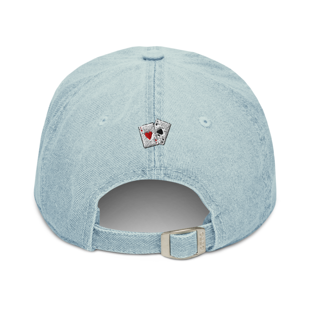 Denim Hat - Front text with back cards logo
