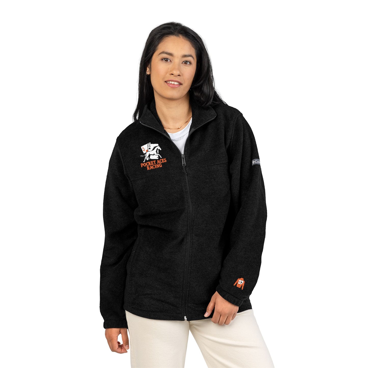 Embroidered Unisex Columbia Fleece Jacket - Aces On The Rail + Silks sleeve detail