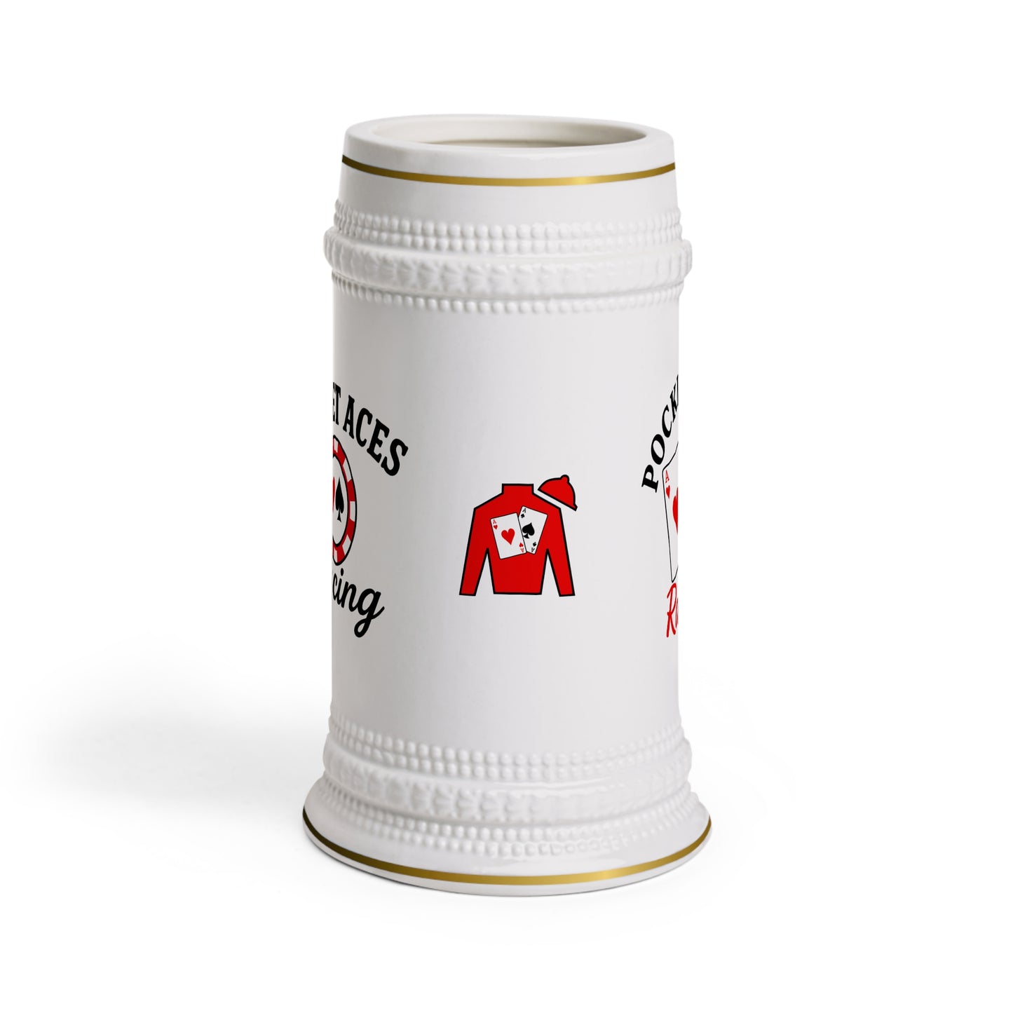 Ceramic Beer Stein — Silks + Cards + Chip logos with Text
