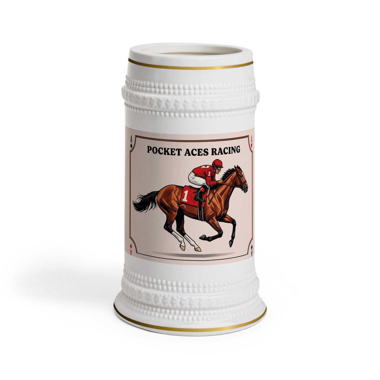 Ceramic Beer Stein — Vintage Poster Card + Black Cards Behind Silks