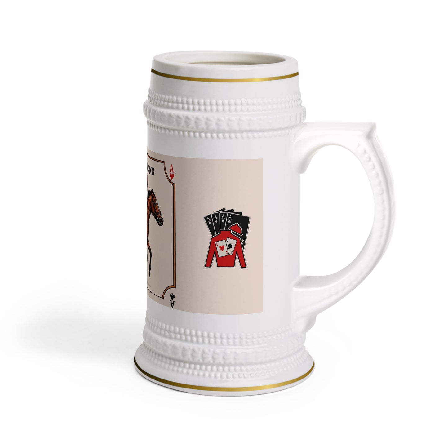 Ceramic Beer Stein — Vintage Poster Card + Black Cards Behind Silks