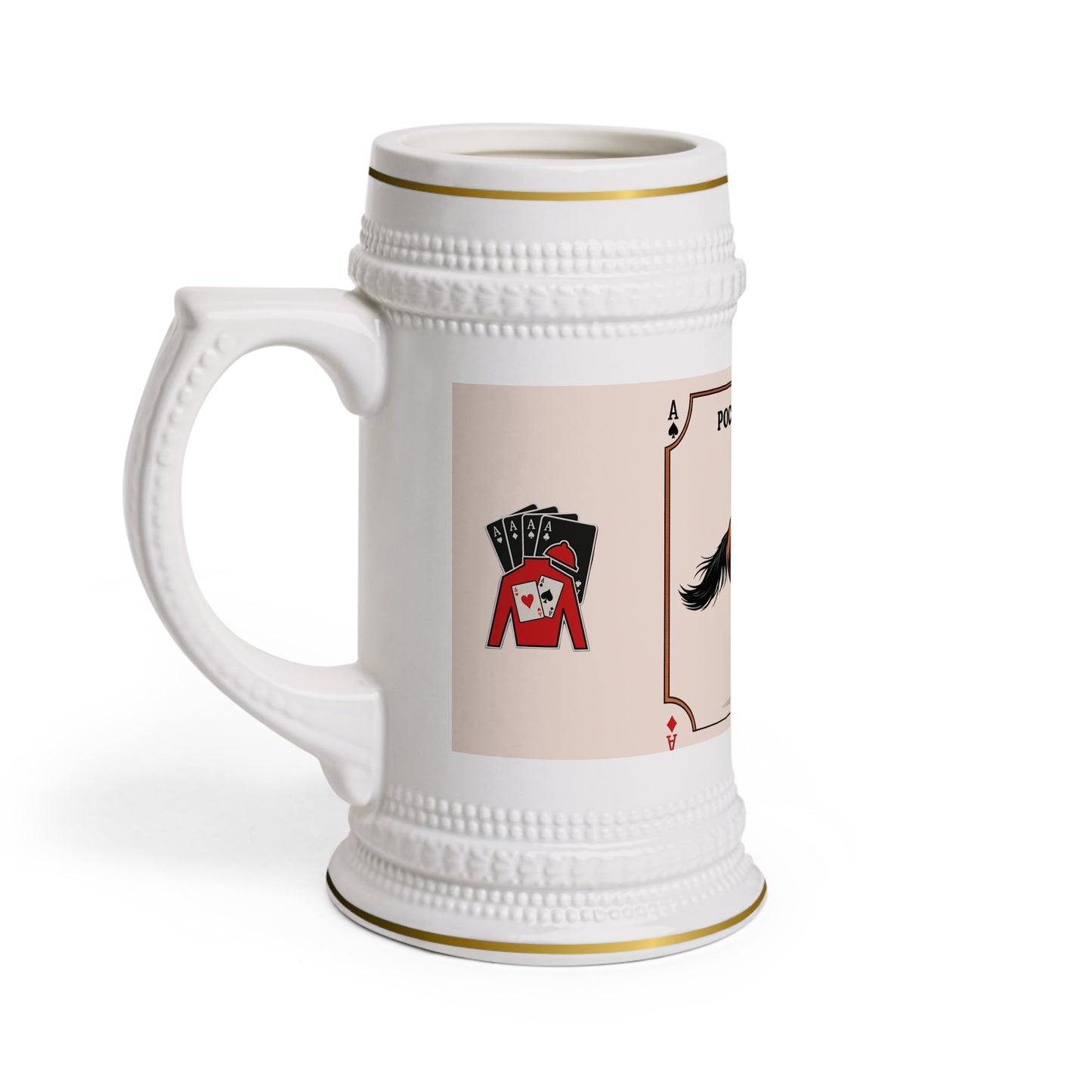 Ceramic Beer Stein — Vintage Poster Card + Black Cards Behind Silks