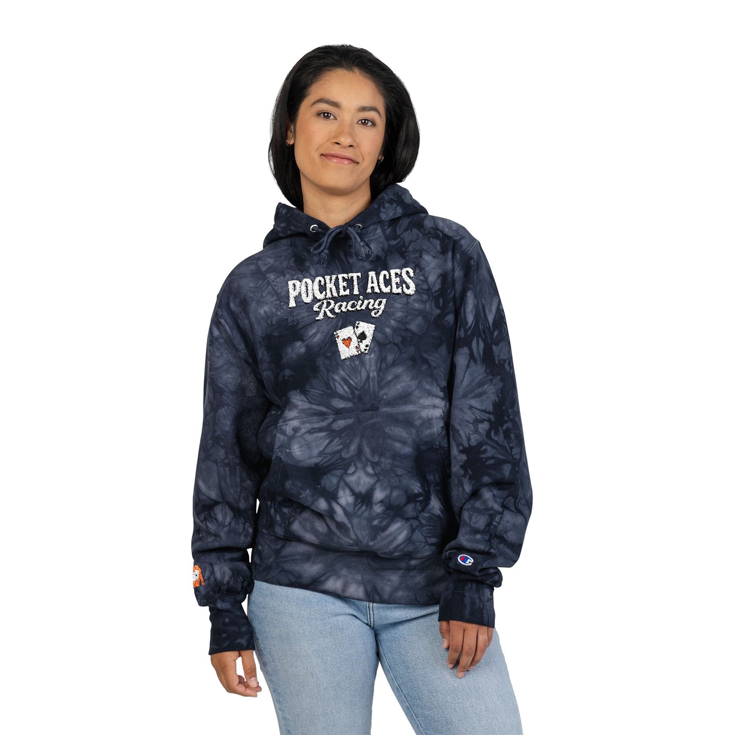 Unisex Champion Tie-Dye Hoodie (Embroidery) - Groovy text & cards + Silks sleeve detail