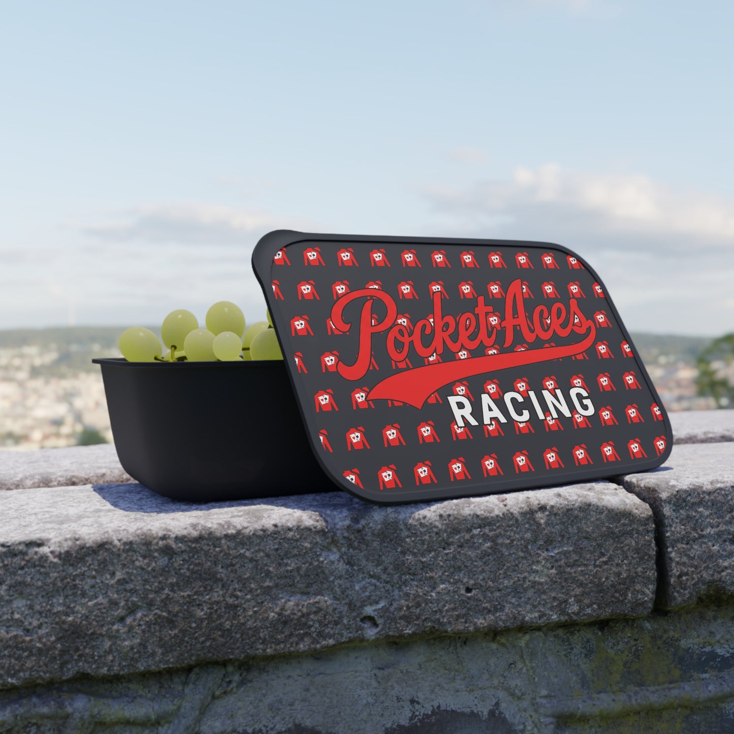 PLA Reusable Bento Box with Utensils — Clubhouse Script over Silks pattern