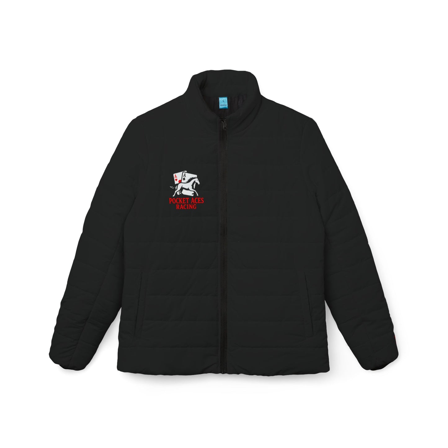 Women's Puffer Jacket with Bold Embroidery - Aces On The Rail + Silks logo sleeve detail