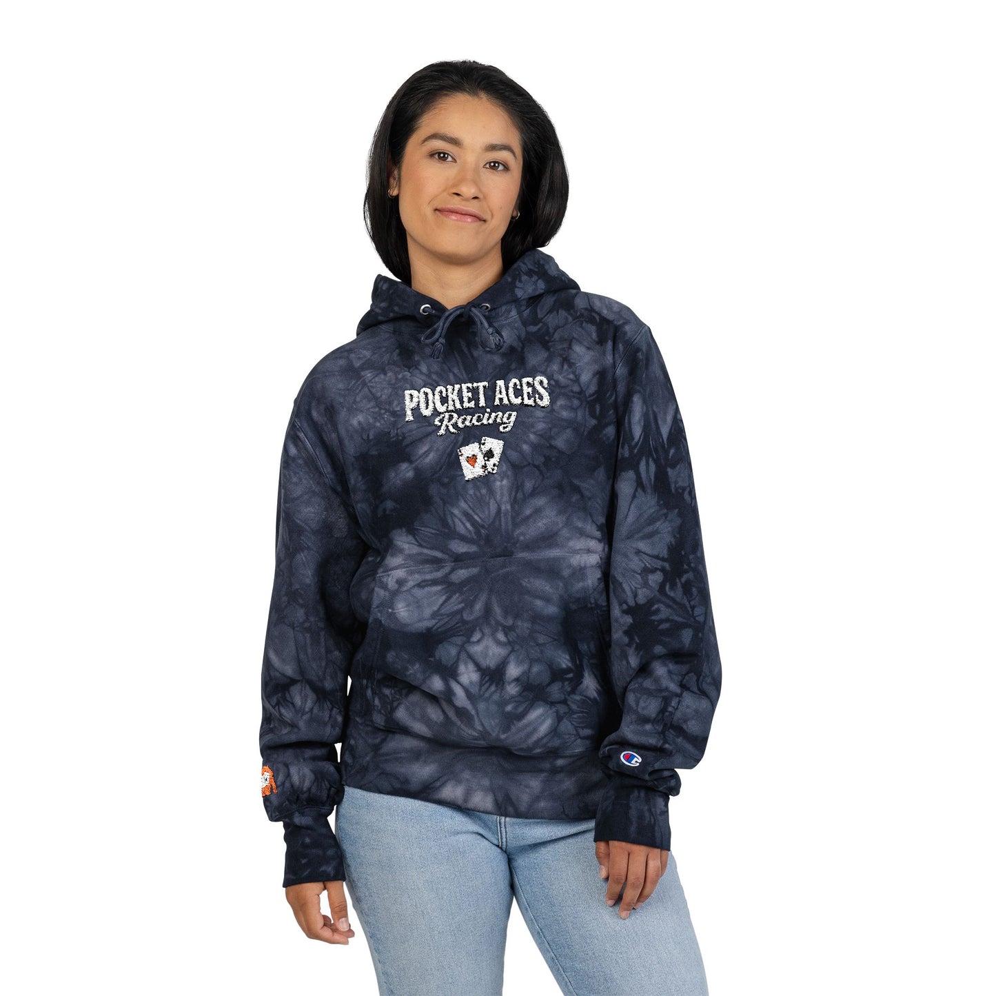 Unisex Champion Tie-Dye Hoodie (Embroidery) - Groovy text & cards + Silks sleeve detail