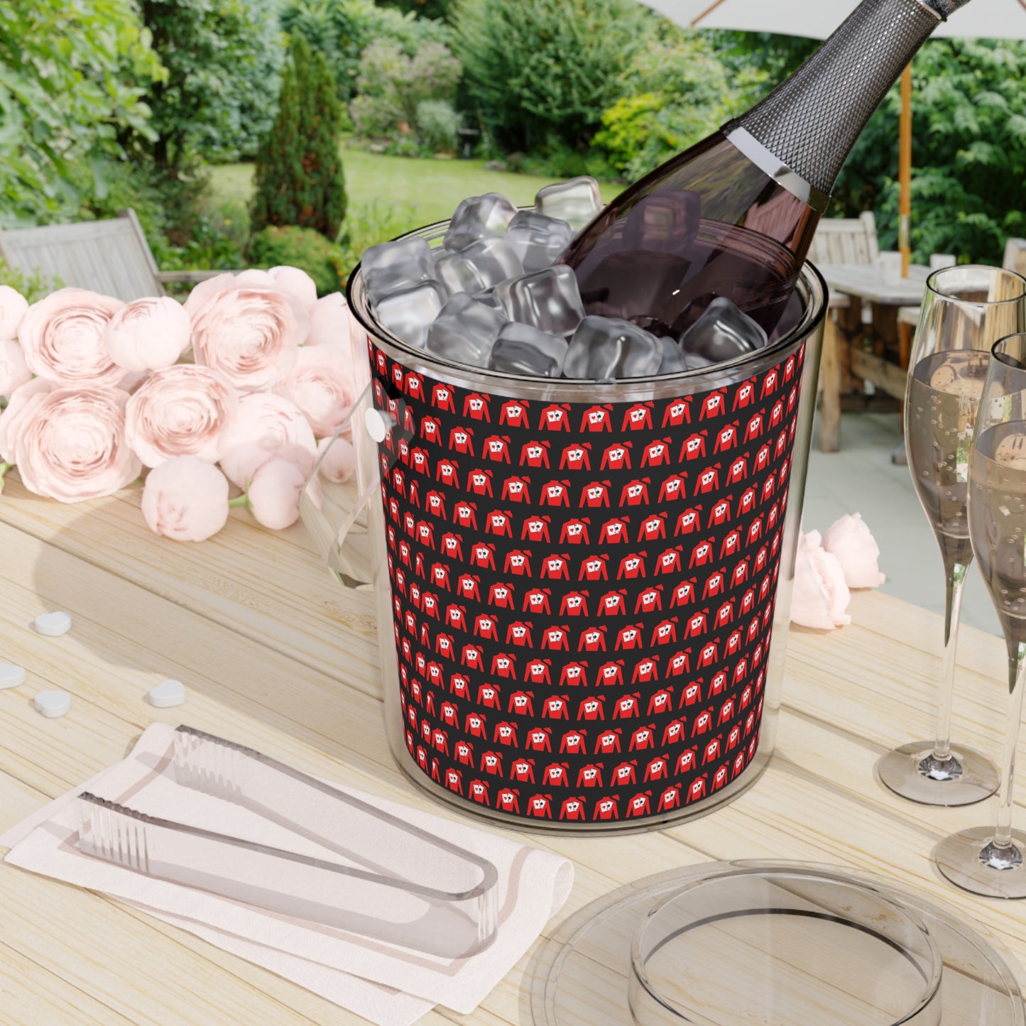 Ice Bucket with Tongs - Silks pattern over black