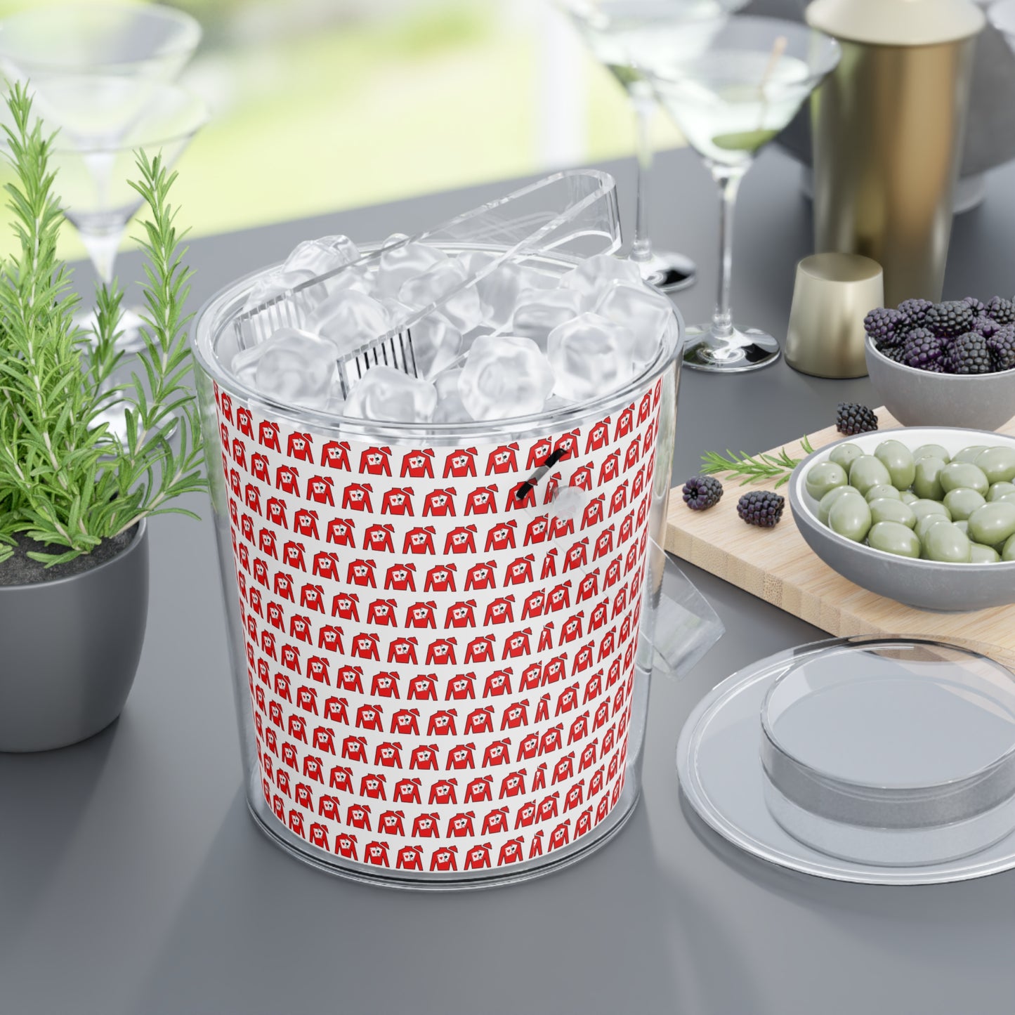 Ice Bucket with Tongs - Silks pattern over white