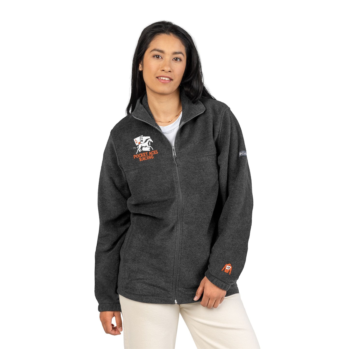 Embroidered Unisex Columbia Fleece Jacket - Aces On The Rail + Silks sleeve detail